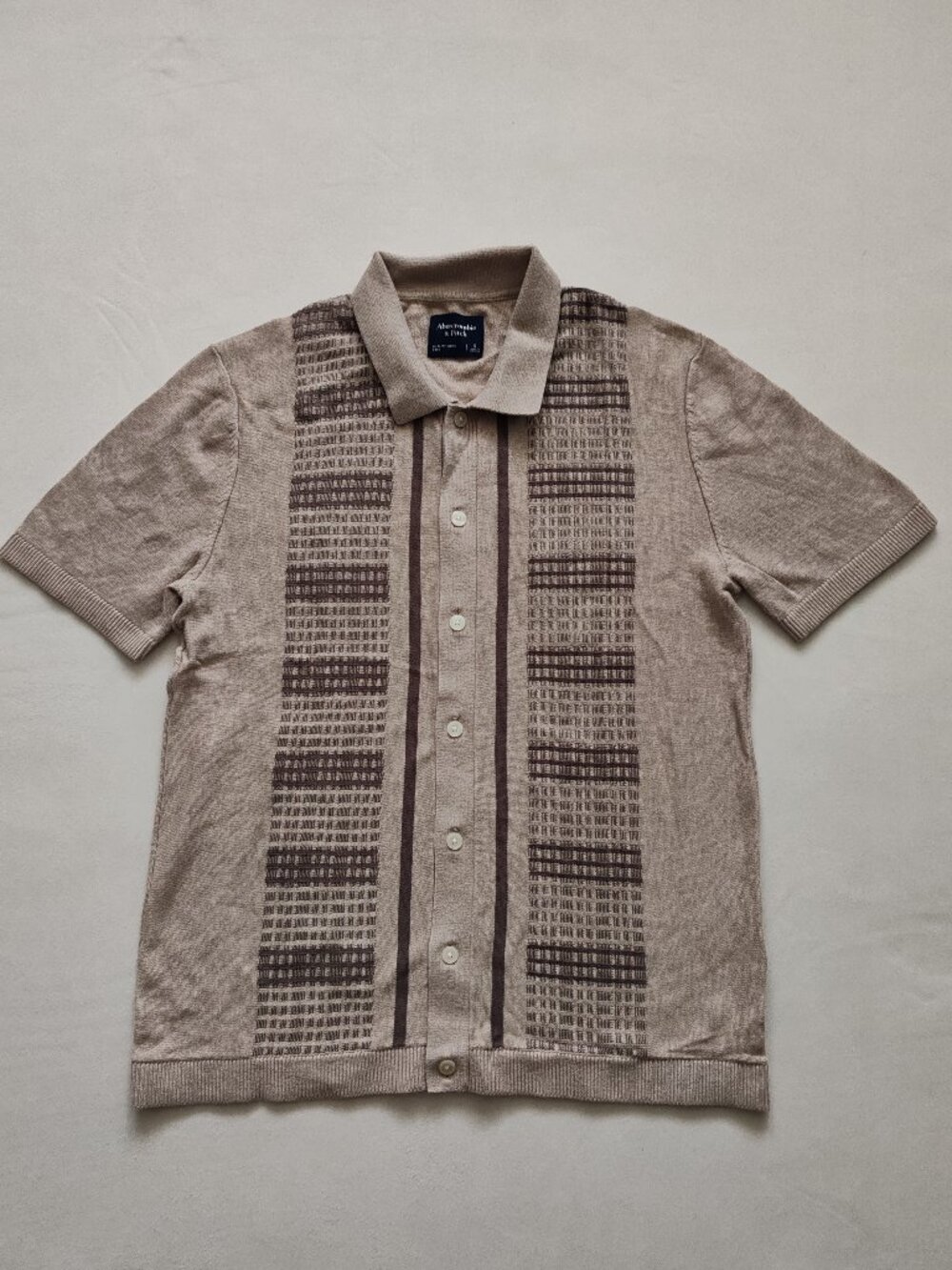 Abercrombie & Fitch Men Button-Through Sweater Polo -Tan Textured Stripe- Small